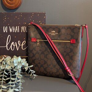 Coach Rowan File Bag Signature Canvas Crossbody Brown with Red Strap Authentic